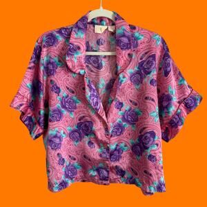 90's vintage pink floral rose satin 100% polyester button up boxy blouse MEDIUM